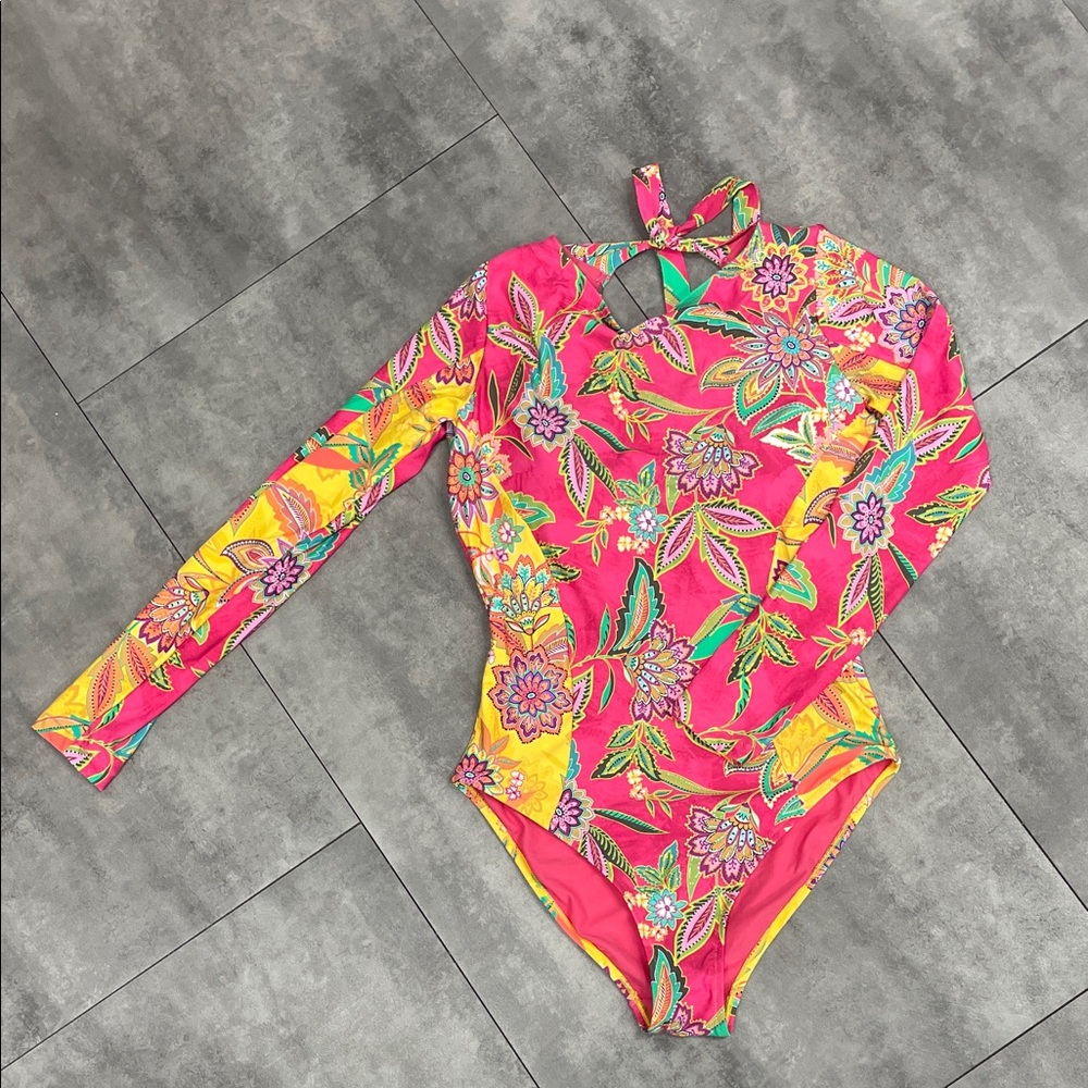 Large Johnny Was flamingo mix long sleeve surf one piece swimsuit